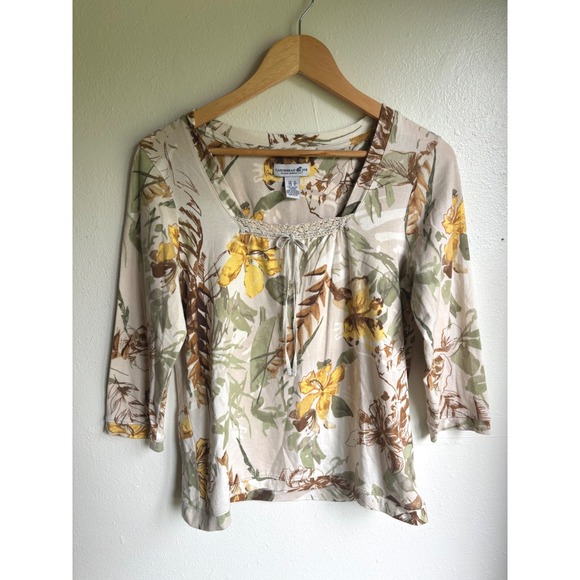 Caribbean Joe Tops - Caribbean Joe Womens Tropical Floral Square Neck Crochet Trim 3/4 Sleeve Top S